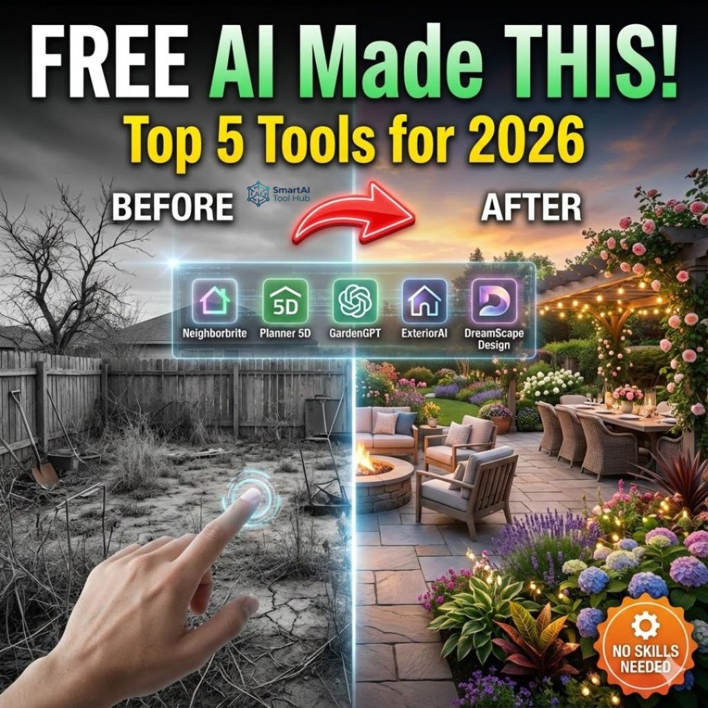 A dramatic before-and-after image showing a barren backyard transformed into a beautiful AI-designed garden with a patio and lights. Text reads "FREE AI Made THIS! Top 5 Tools for 2026."
