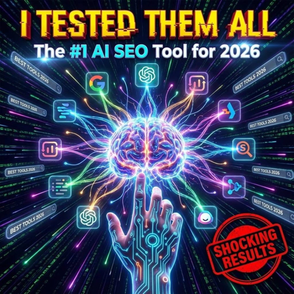 A futuristic glowing brain with data streams connecting to tech logos like ChatGPT and Google. Text reads "I TESTED THEM ALL: The #1 AI SEO Tool for 2026." Represents the best AI search optimization tools.