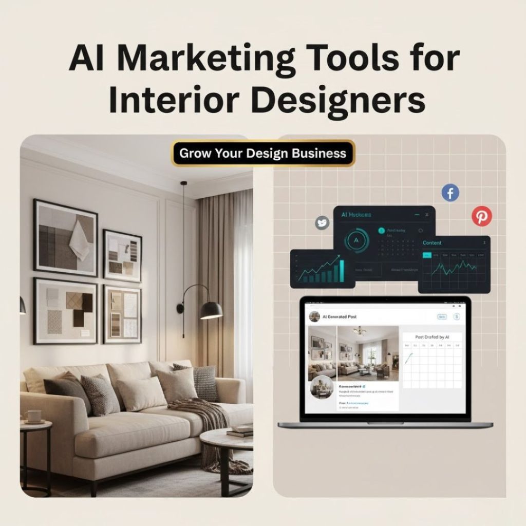 Best AI marketing tools for interior design business shown with modern interior space and digital marketing elements.