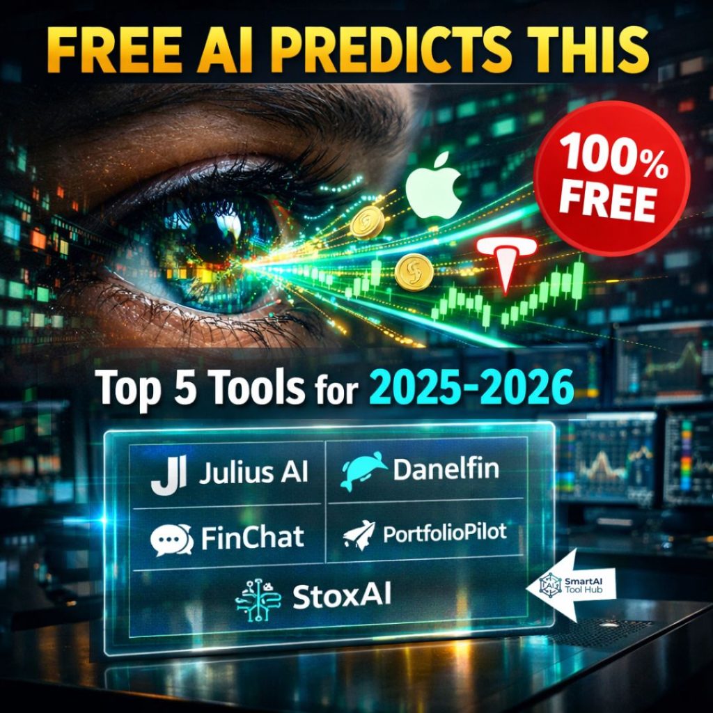 A futuristic financial scene showing an eye reflecting a stock ticker, with glowing data streams turning into coins and charts. Text reads "FREE AI PREDICTS THIS: Top 5 Tools for 2025-2026."