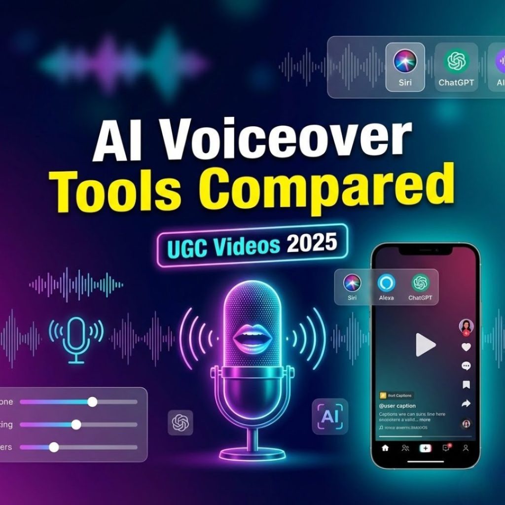 Compare AI voiceover options in UGC video tools with digital microphone, waveforms, and short-form video elements.