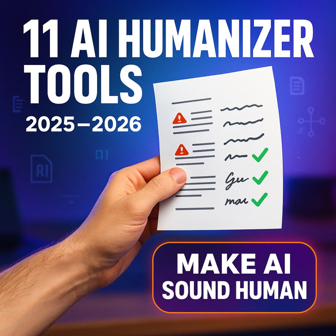Creator-style thumbnail showing AI text transforming into human writing using AI humanizer tools in 2025–2026