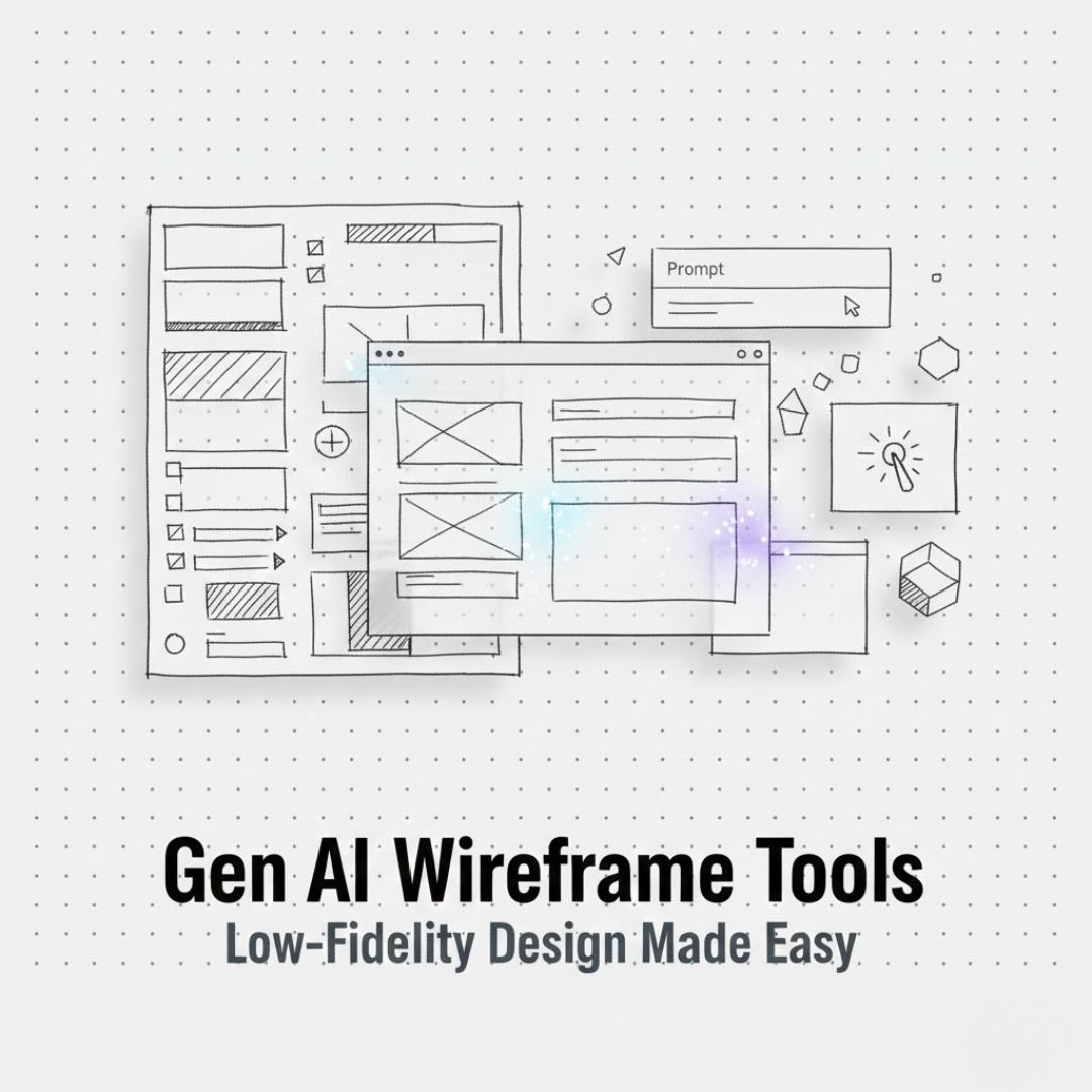 Gen AI tools creating low fidelity wireframes with simple boxes, lines, and AI design elements.